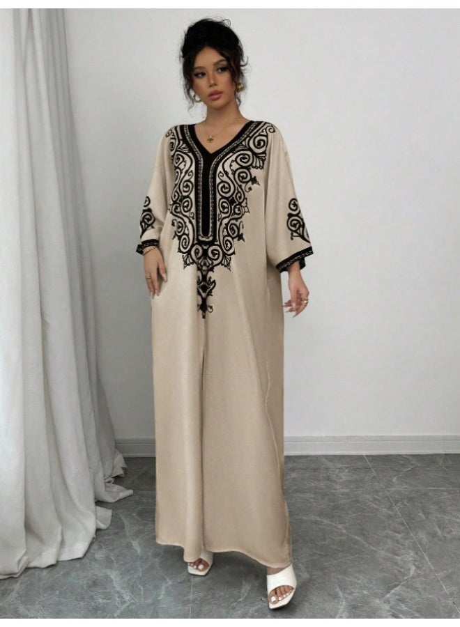 general 2026 Middle East V-neck style floral fashionable loose print long dress - Image 3